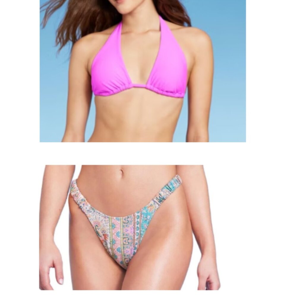 Wild Fable Pink Triangle Bikini Top and Scrunchie Side High Leg Bikini Bottom
